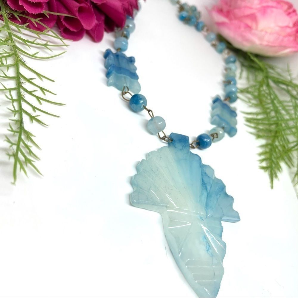 VINTAGE⚜️Genuine Teal Quartz Carved Gem Necklace - Picture 4 of 12